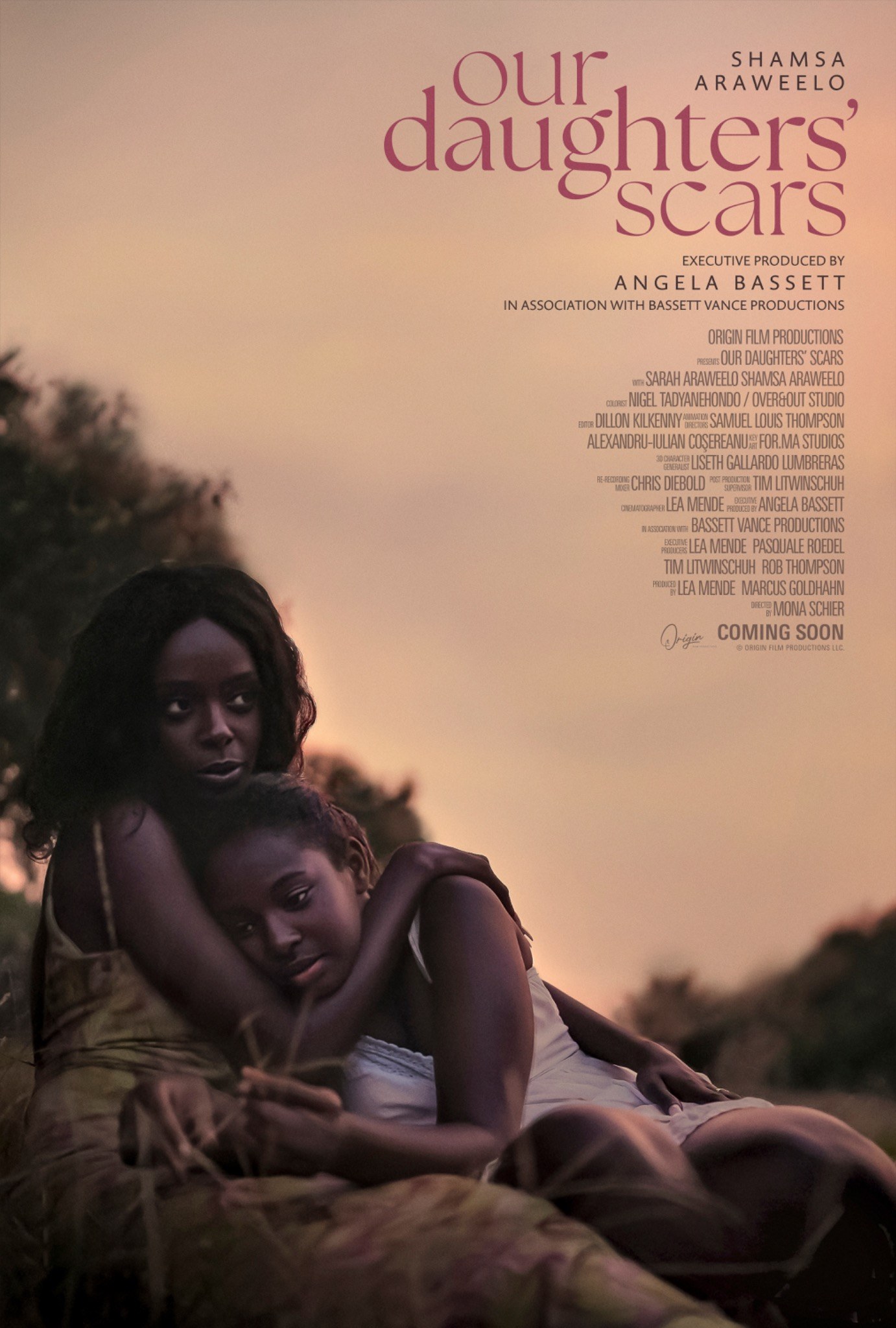 Poster for Our Daughters’ Scars showing a mother embracing a young girl at sunset