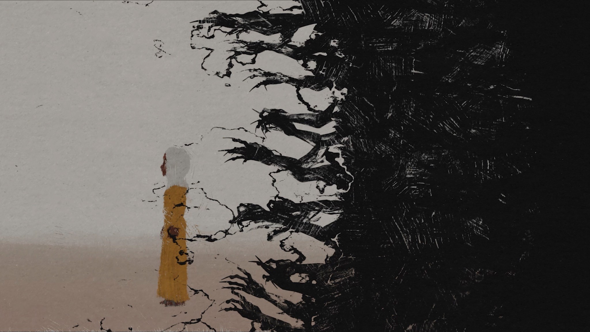 Animated figure facing a dark crowd of reaching hands