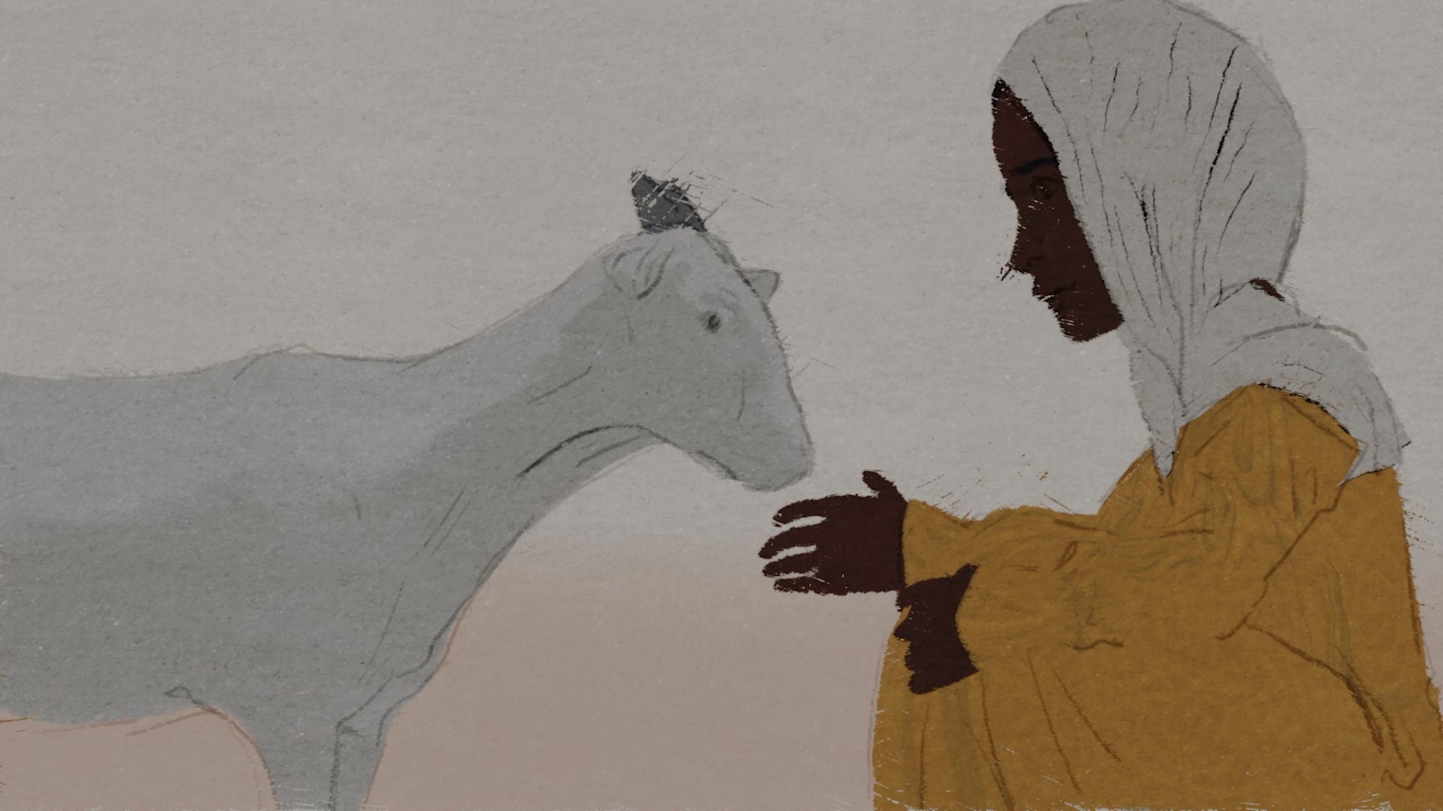 Hand-painted animation of a girl reaching toward a pale horse